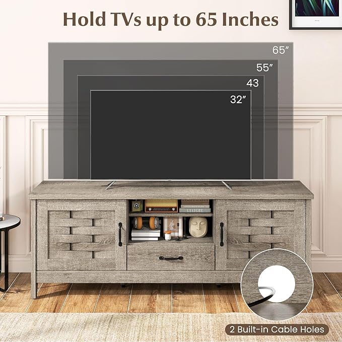 Giantex Farmhouse TV Stand for 65 Inch TVs, 59" Wood Entertainment Center with 2 Woven Accent Doors, Storage Drawer & 3 Adjustable Shelves, Media Console Table for Living Room, Bedroom (Rustic Oak)
