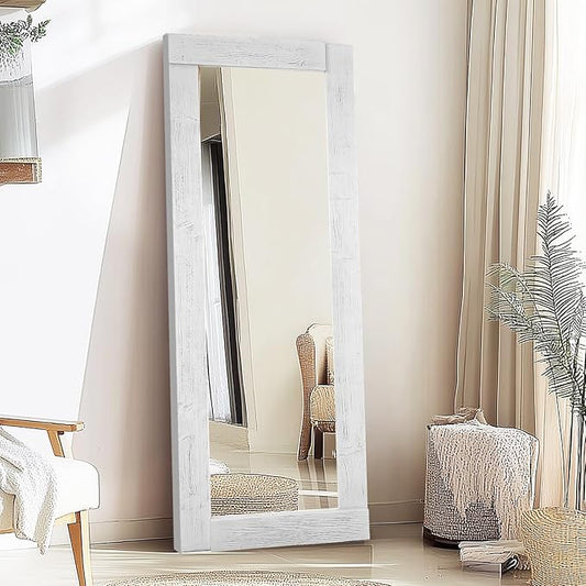 Full Length Mirror 65"x24" – Solid Wood Frame, HD Tempered Glass, Wall Mounted & Leaning, Rustic Modern Decor for Bedroom, Living Room, Entryway, White