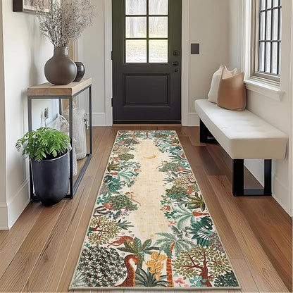 GarveeHome 2x6 Jungle Washable Runner Rug for Kitchen, Soft Animal Print Hallway Runner Non Slip Beige Entryway Rug Farmhouse Laundry Mat Stain Resistant Carpet for Bedroom Bathroom