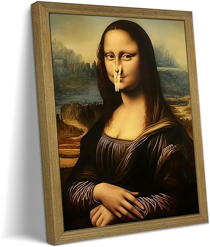 XYHYRA Funny Mona Lisa Bathroom Wall Art, Mona Lisa with Clothespin Nose Painting Print, Vintage Humorous Restroom Wall Decor Canvas Poster for Toilet Bathroom Home Decor 8x10 Inch Framed