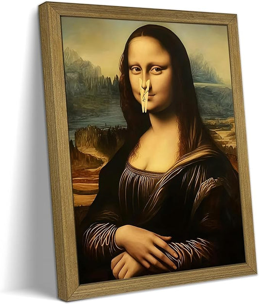 XYHYRA Funny Mona Lisa Bathroom Wall Art, Mona Lisa with Clothespin Nose Painting Print, Vintage Humorous Restroom Wall Decor Canvas Poster for Toilet Bathroom Home Decor 8x10 Inch Framed