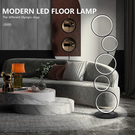 COSYLUX LED Modern Floor Lamp for Bedroom, 3 Way Bright Dimmable Corner Floor lamp with 5-Ring 2-in-1 Standing Tall End Table Lamp for Living Room & Office Reading Light, 3260LM, 6000K, Black.