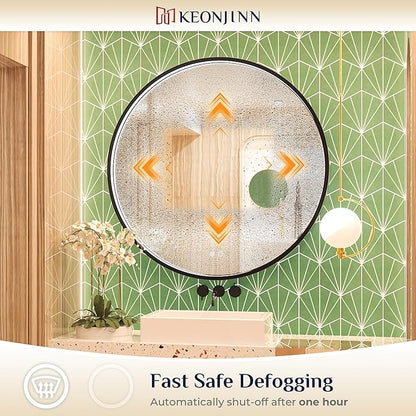 Keonjinn 36 LED Round Mirror for Vanity, 3 Color Temperature Lights 3000K/4500K/6000K Wall Mounted Bathroom, Round Mirror Black Framed Dimmable Lighted Circular Mirrors with Anti-Fog UL Listed CRI≥90