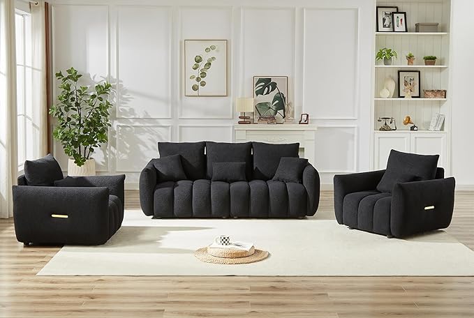 Antetek Set of 3 Teddy Sofa for Living Room, Modern 2 Units Deep Seat Sofa Chairs and an Oversized 3-Seater Cloud Boucle Couch for Bedroom, Office, Apartment, Furniture Set, Black (3 Pieces)