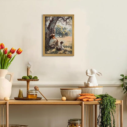 Wood Framed Canvas Wall Art, Vintage Boy and Dog Painting Poster, Countryside Pastoral Landscape Print Picture, Rustic Farmhouse Wall Decor for Living Room Bedroom Nursery 12x16 inch