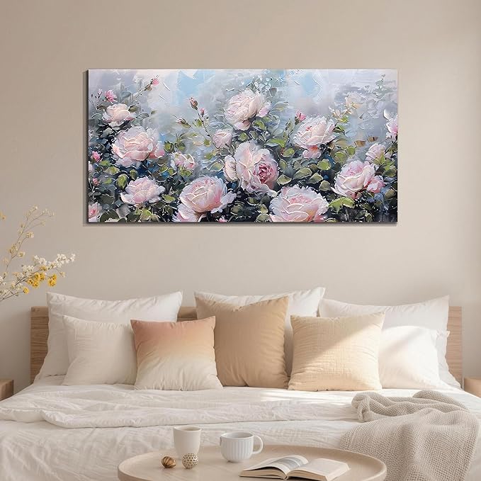 Enartly Pink Flower Wall Art Large Living Room Bedroom Wall Decor Rose Canvas Painting Floral Picture Bloosom Textured Green Modern Artwork Framed for Bathroom Kitchen Home Office Decoration, 48"x24"