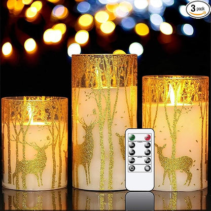 GenSwin Glass Flameless Candles Flickering with Deer Decor and Remote Timers, Battery Operated Moving Wick Led Light, Set of 3 Real Wax Pillar Candles for Christmas Home Decoration