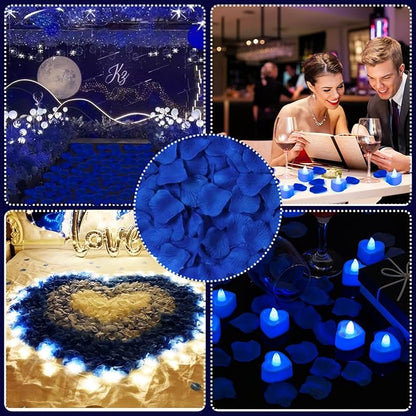 Caffox 3000Pcs Rose Petals with 36Pcs LED Tea Lights Candles, Rose Petals and Candles Set for Romantic Night, Romantic Decorations for Special Night, Valentine's Day, Wedding, Anniversary(Blue)