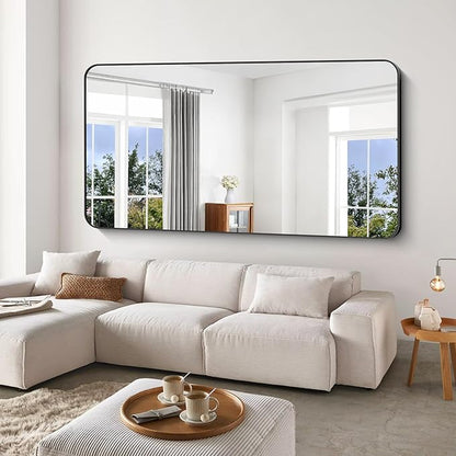 Large Bathroom Mirror 72x36 inch, Black Rectangle Mirrors with Metal Frame, Rounded Corner Rectangular Mirror for Bathroom, Oversized Wall Mounted Mirror for Over Sinks Living Room Bedroom