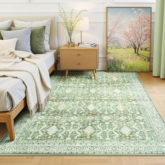 Lessymo 5x7 Washable Area Rug with Non Slip Backing,Soft Boho Indoor Carpets for Living Room Bedroom Nursery, Kid and Pet Friendly, Light Green