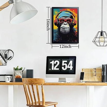 Framed Cool Monkey Wall Art, With Headphones and Sunglasses Chimp Wall Decor, Colorful Graffiti Canvas Print Poster, Cool Animal Oil Painting for Boys Bedroom Gaming Room Home Decor 12x16 Inch