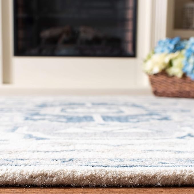 SAFAVIEH Micro-Loop Collection 3' x 5' IvoryNavy MLP503L Handmade Shabby Chic Medallion Premium Wool Entryway Living Room Foyer Bedroom Accent Rug