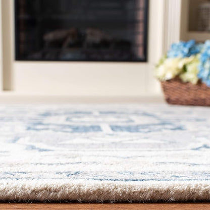 SAFAVIEH Micro-Loop Collection 3' x 5' IvoryNavy MLP503L Handmade Shabby Chic Medallion Premium Wool Entryway Living Room Foyer Bedroom Accent Rug