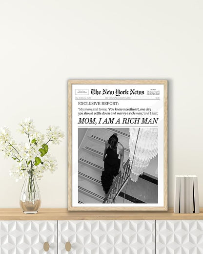 EcoHest Unframed Trendy Newspaper Wall Art, 12x16 in OAK Wood Mom I Am a Rich Man Canvas Art, Magazine Girly Poster College Dorm Decor, Beige Logs Set of 1 for Bedroom Living Room