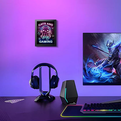 Funny Cat Gaming Wall Art, Neon Gamer Canvas Print Framed, Cute Cartoon Cat with Headset Video Game Poster, Boys Teen Kids Bedroom Gaming Room Wall Decor 8x10 Inch