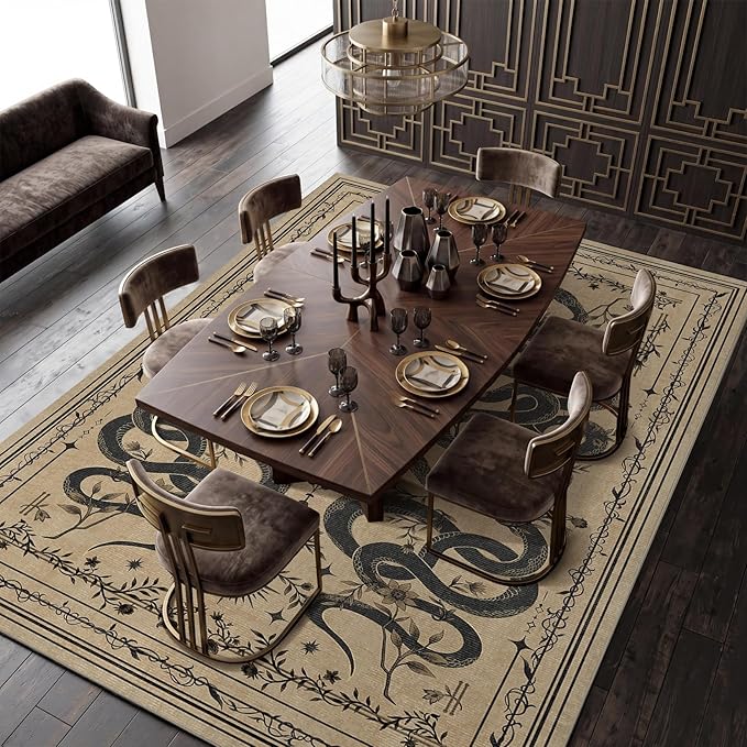 Garvee Snake Gothic 9x12 Area Rug Dark Whimsical Moody Witchy Unique Soft Thin Large Carpet for Living Room Bedroom Dining Room Playroom Indoor Decor Low Pile TPE Backing Taupe