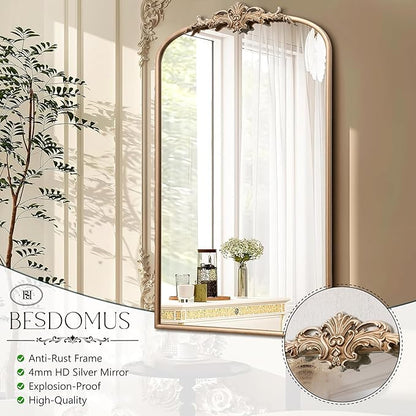 Besdomus Vintage Gold Wall Mirror: 24"x42" French Large Arch Champagne Gold Antique Wall Mounted Mirror - Traditional Ornate Home Decor for Entryway/Fireplace/Bathroom - Baroque Idea for Housewife
