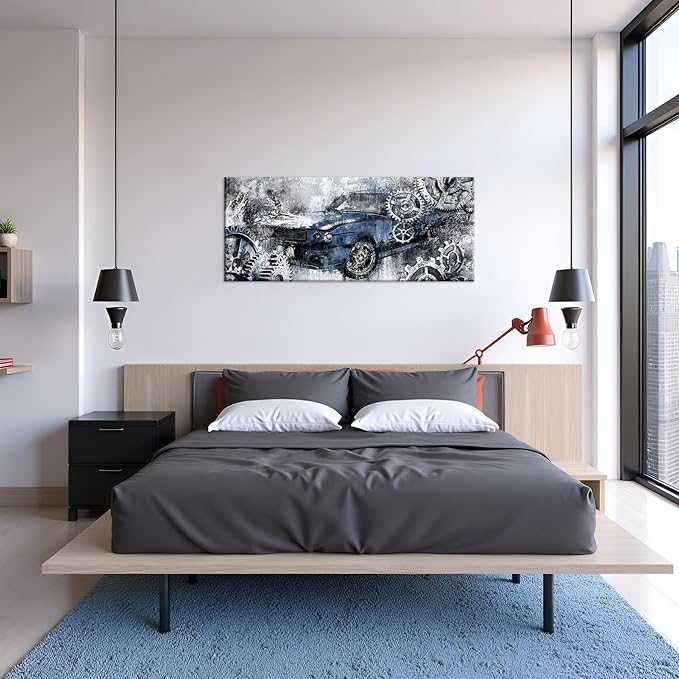 LevvArts Men Bedroom Wall Decor Vintage Car Painting Prints Industrial Steampunk Pictures Blue and Gray Artwork 20"x48"