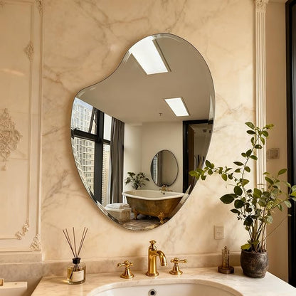 Frameless Asymmetrical Heart Shaped Wall Mirror, 20x28 Inch Beveled Edge Decorative Vanity Mirror for Bathroom, Bedroom, Entryway