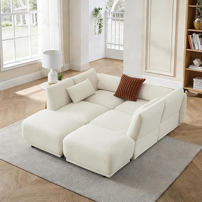 U Shaped Cloud Sectional, Convertible L Shaped Couch with Removable Ottomans,Modular Cloud Couch Sectional for Living Room(4 Set + 2 Ottomans - White)