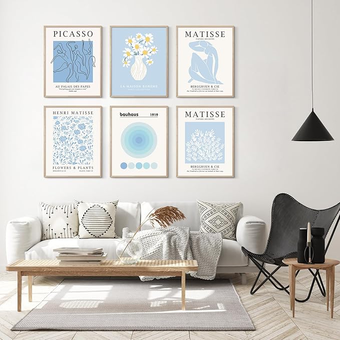 Habseligkeit Blue Matisse Wall Art Prints, Retro Abstract Wall Decors for Room Aesthtic, Flower Market Posters for Bedroom Decor Unframed, 8X10in, Set of 6
