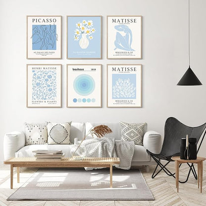 Habseligkeit Blue Matisse Wall Art Prints, Retro Abstract Wall Decors for Room Aesthtic, Flower Market Posters for Bedroom Decor Unframed, 8X10in, Set of 6