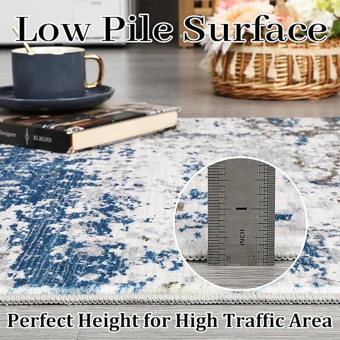ROYHOME 2x6 Modern Abstract Runner Rug Non Slip Soft Machine Washable Stain Resistant Rugs Low Pile Non Shed Rug for Hallway Kitchen Bathroom, Navy