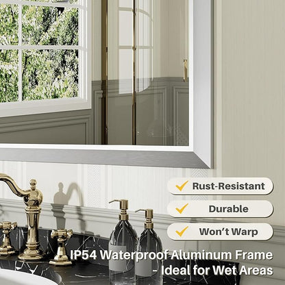 48x32 Inch Brushed Silver Bathroom Mirror for Wall, Thick Metal Framed Rectangle Mirrors for Over Sink, Bedroom, Living Room, Entryway, Anti-Rust, HD Tempered Glass