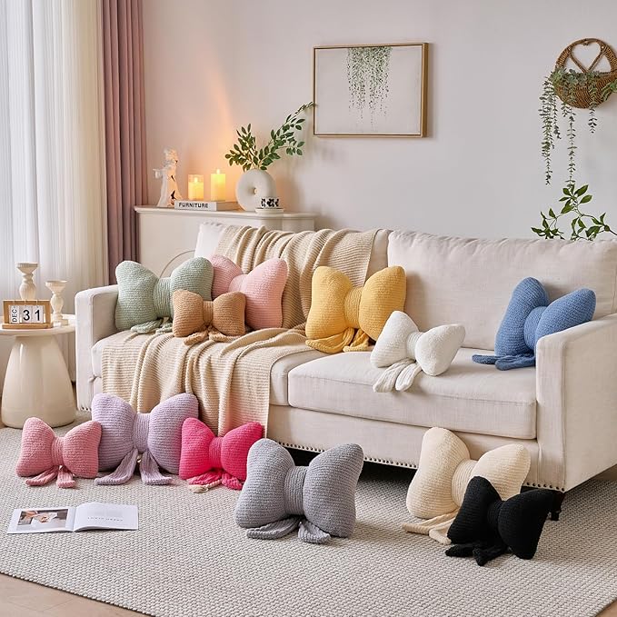 Bow Pillow, Decorative Throw Pillows with Soft Plush, Bow Throw Pillow for Couch Bed, Home Decor Bow Shaped Pillow for Bedroom Living Room (Grey, 16 Inches)
