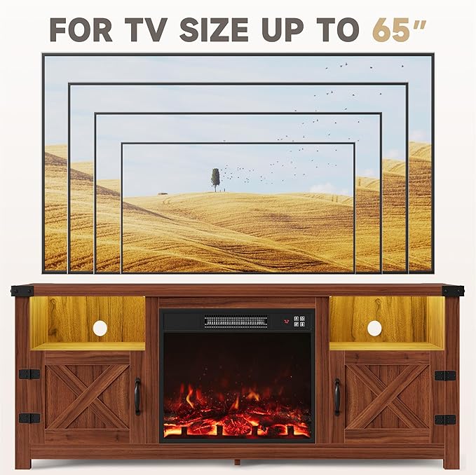 Furmax LED Entertainment Center with Fireplace, Fireplace TV Stand with Storage Cabinets and 2 Open Shelves, Modern Media TV Console for Living Room (Dark Brown)