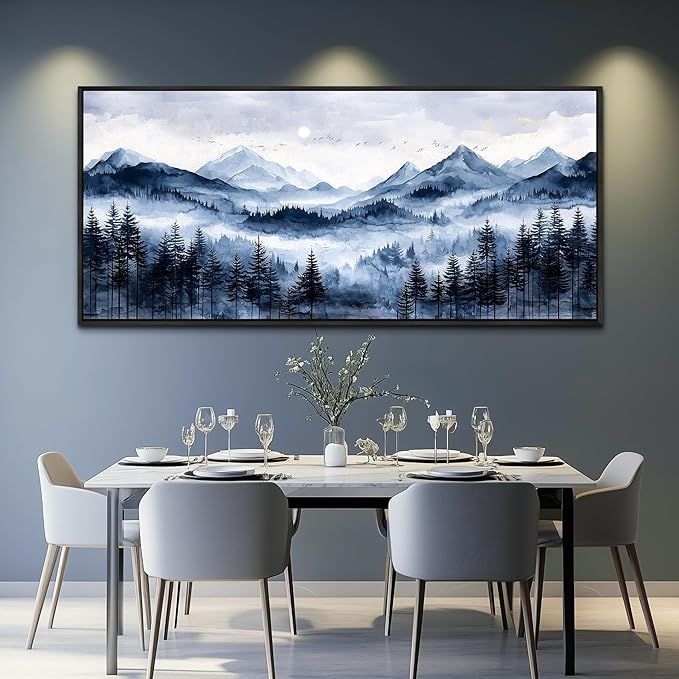ERQINHUA Canvas Wall Art For Bedroom Large Wall Decor For Living Room Office Mural Misty and Fog Forest Painting Mountain Landscape Picture Artworks Home Decor Black Framed Ready To Hang 32x72 In