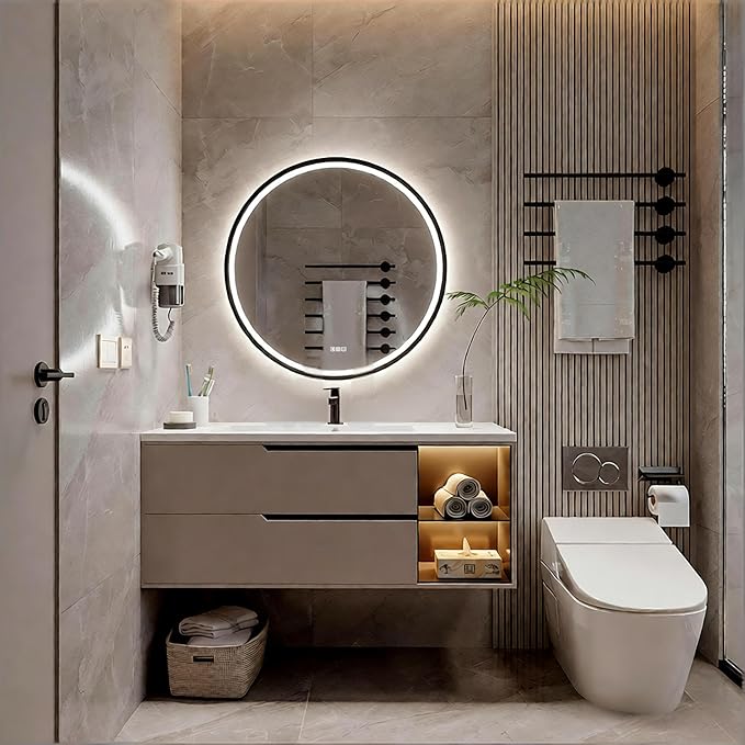 28 inches Round Aluminum Black Framed LED Mirror, Smart Bathroom Mirror with Lights, Anti-Fog, Tempered Glass, 3 Colors Dimmable, Front and Backlit, Wall Mounted, Memory