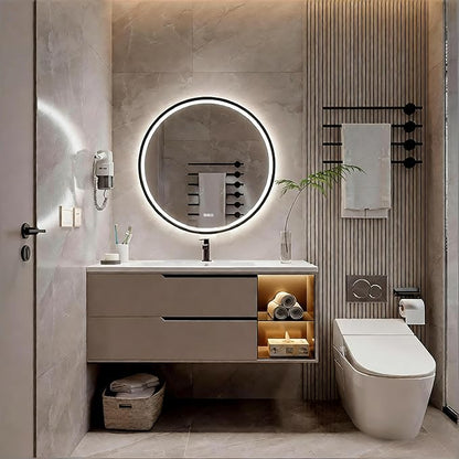 28 inches Round Aluminum Black Framed LED Mirror, Smart Bathroom Mirror with Lights, Anti-Fog, Tempered Glass, 3 Colors Dimmable, Front and Backlit, Wall Mounted, Memory