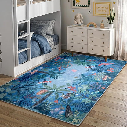 LIVEBOX Washable Jungle Animal Print 5x7 Blue Rug for Living Room, Non-Slip Kids Bedroom Rugs for Boy Playroom Kid Baby Room, Soft Stain Resistant Blue and Green Rug for Nursery Boy Dining