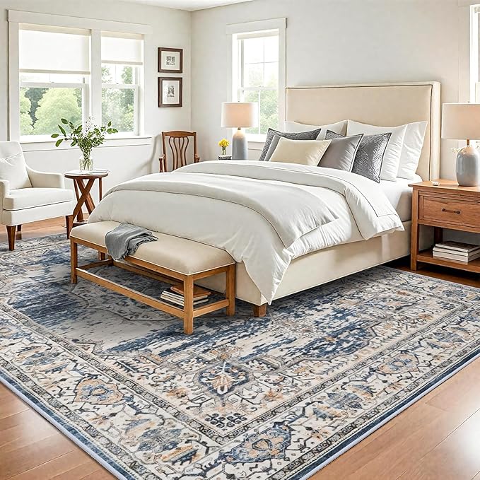 Washable Living Room Area Rug: 8x10 Bedroom Rugs - Farmhouse Distressed Printed Floral Carpet - Foldable Non-Shedding Floor Carpet for Dining Room 8'x10' Blue