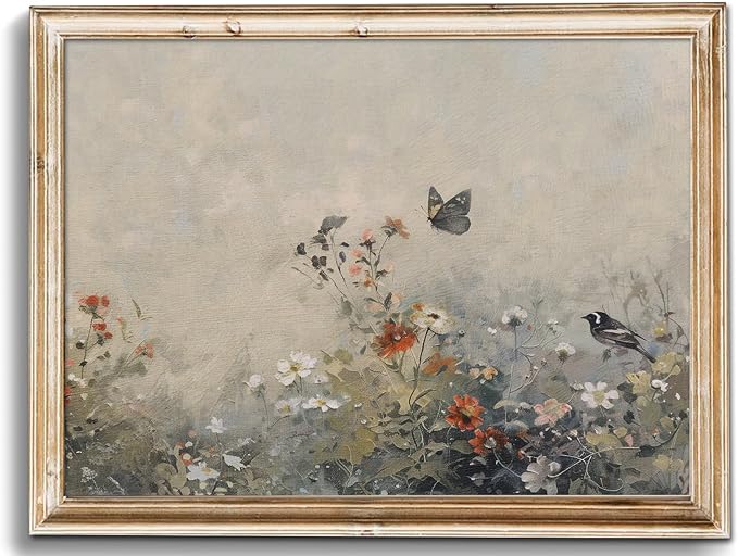 Uniro Vintage Wall Art Prints for Home Decor, Farmhouse Spring Wildflower Landscape Wall Decor, Rustic Country Bird and Butterfly in Flower Field Canvas Prints, Vintage Botanical Oil Painting Vintage Art Pictures for Bedroom Bathroom Decor( 8" x 10"-UN...