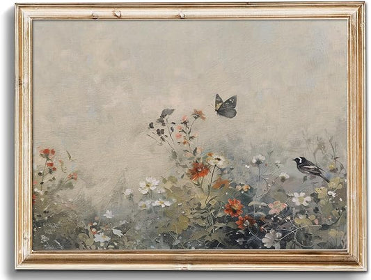 Uniro Vintage Wall Art Prints for Home Decor, Farmhouse Spring Wildflower Landscape Wall Decor, Rustic Country Bird and Butterfly in Flower Field Canvas Prints, Vintage Botanical Oil Painting Vintage Art Pictures for Bedroom Bathroom Decor( 8" x 10"-UN...