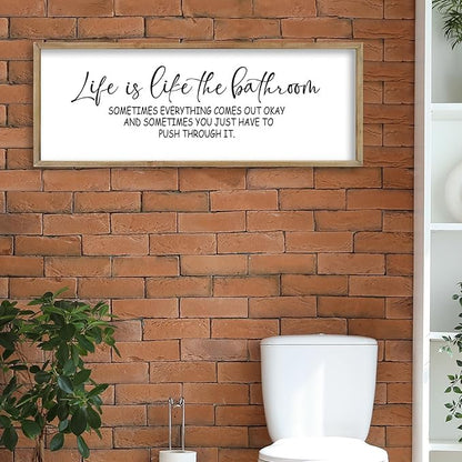 FZMHASLWW Humorous Motivational Bathroom Wall Decor 32"×12" Life Is Like The Bathroom Sign Funny Inspirational Quote for Farmhouse Toilet Restroom Large Modern Wood Framed Wall Hanging Art (Wood)