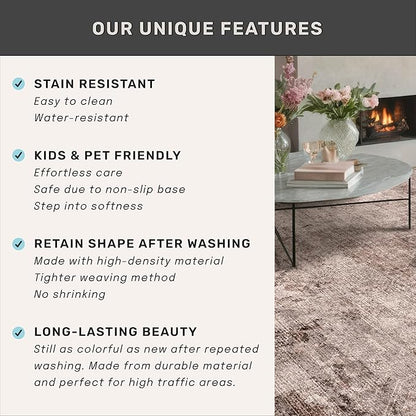 Hazo Haus Brown Living Room Rug 8x10 - Retro Washable Rug for Dining Room, Fireplace, Bedroom, Non Slip Low Pile Abstract Warm Tan and Terracotta