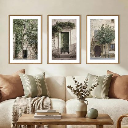 HOURIA Vintage Italy City Landscape Framed Canvas Wall Art Set,Sage Green Olive Tree Old House Wall Decor,Modern Mediterranean Country Cityscape Artwork for Living Room,Bedroom,Farmhouse-16 x24 x3