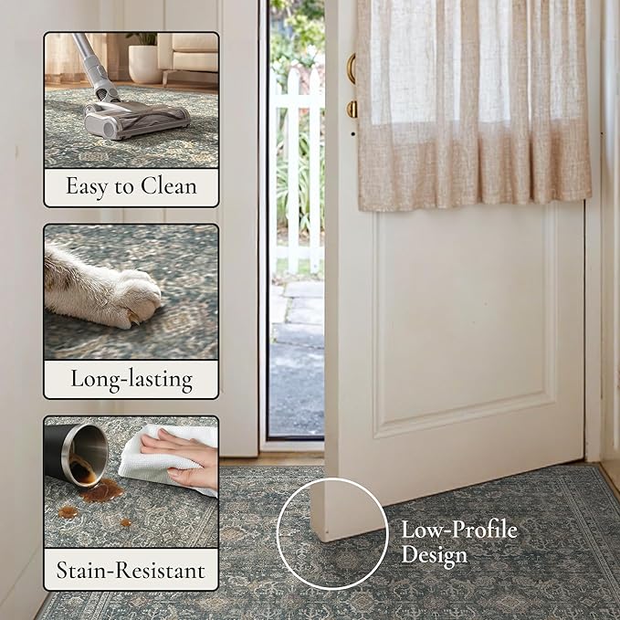 GENIMO 10x14 Area Rugs for Living Room, Machine Washable Non Slip Vintage Rugs, Low Pile Lightweight Chenille Print Rug for Bedroom, Dining Room, Home Office, Deep