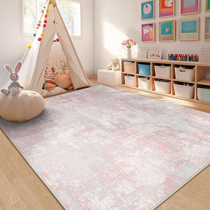 RELEANY Washable Area Rugs 6'x9' Non-Slip Modern Abstract Soft for Living Room Entryway Bedroom Nursery, Print Pattern, Grey Pink