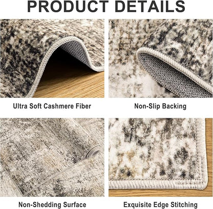 Area Rugs Living Room Rug - 4x6 Washable Modern Abstract Soft Neutral Non-Slip Carpet Large Indoor Floor Thin Carpets for Bedroom Dining Room Farmhouse Nursery Home Office Brown Black Grey