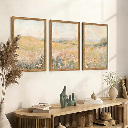 Framed 3Pcs FloralLandscape Canvas Wall Art French Country Painting Picture Wall Decor Vintage Country Wildflower Print Farmhouse Poster Artwork for Living Room Bedroom Home Decoration