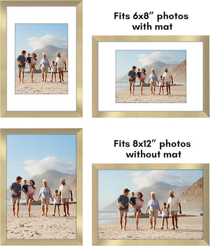 Americanflat 8x12 Picture Frame with Polished Plexiglass - Set of 5 - Use as 6x8 Frame with Mat or Display 8x12 Photo Without Mat - Galleria Collection - Picture Frames for Wall Display - Gold