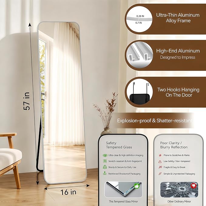 NARCISSUS 57x16 Mirror Door Hanging Full Length Body with Floor Stand or Wall Mounted Metal Aluminum Frame Tempered Glass Rectangle Mirrors for Bedroom Dressing Living Room Bathroom 57 inch Silver