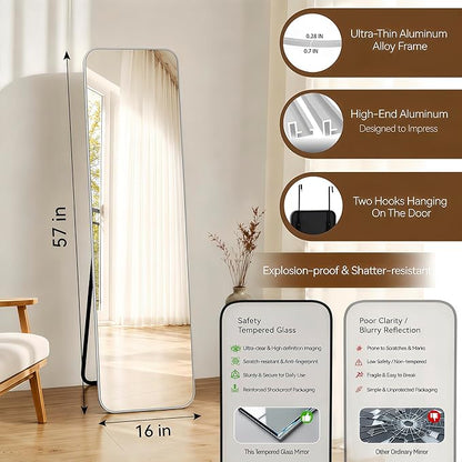 NARCISSUS 57x16 Mirror Door Hanging Full Length Body with Floor Stand or Wall Mounted Metal Aluminum Frame Tempered Glass Rectangle Mirrors for Bedroom Dressing Living Room Bathroom 57 inch Silver