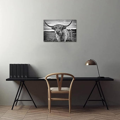 Highland Cow Canvas Wall Art Black and White Cow Photos for Wall Nature Cow Picture Framed Animal Poster Artwork for Bathroom Decor (20x30inches)