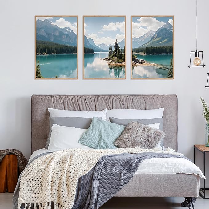 HLNIUC Mountain Wall Art Canvas,Forest Wall Art Mountain Lake,Lake Scenery Artwork,Landscape Nature Framed Decor,Realistic Landscape Prints,Forest Scene Painting for Living Room,Bedroom,Home16x24x3