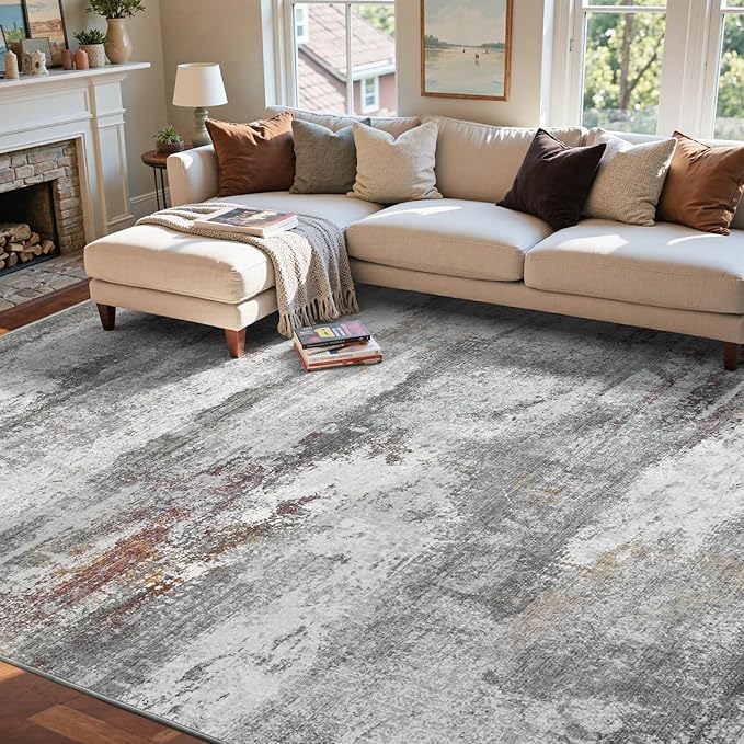 9x12 Ft Extra Large Washable Area Rugs for Living Room, Soft Non-Slip Modern Abstract Print Pattern Carpet for Bedroom Indoor Floor Nursery Home Decor (Grey/Gold-Brown/Red-Brown)